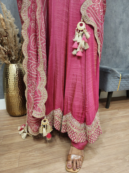 Rutba pink tissue anarkali suit with bandhani suit