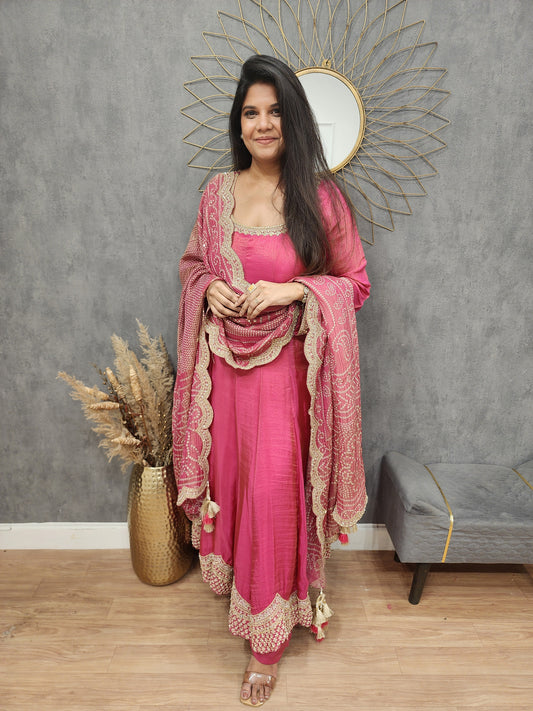 Rutba pink tissue anarkali suit with bandhani suit