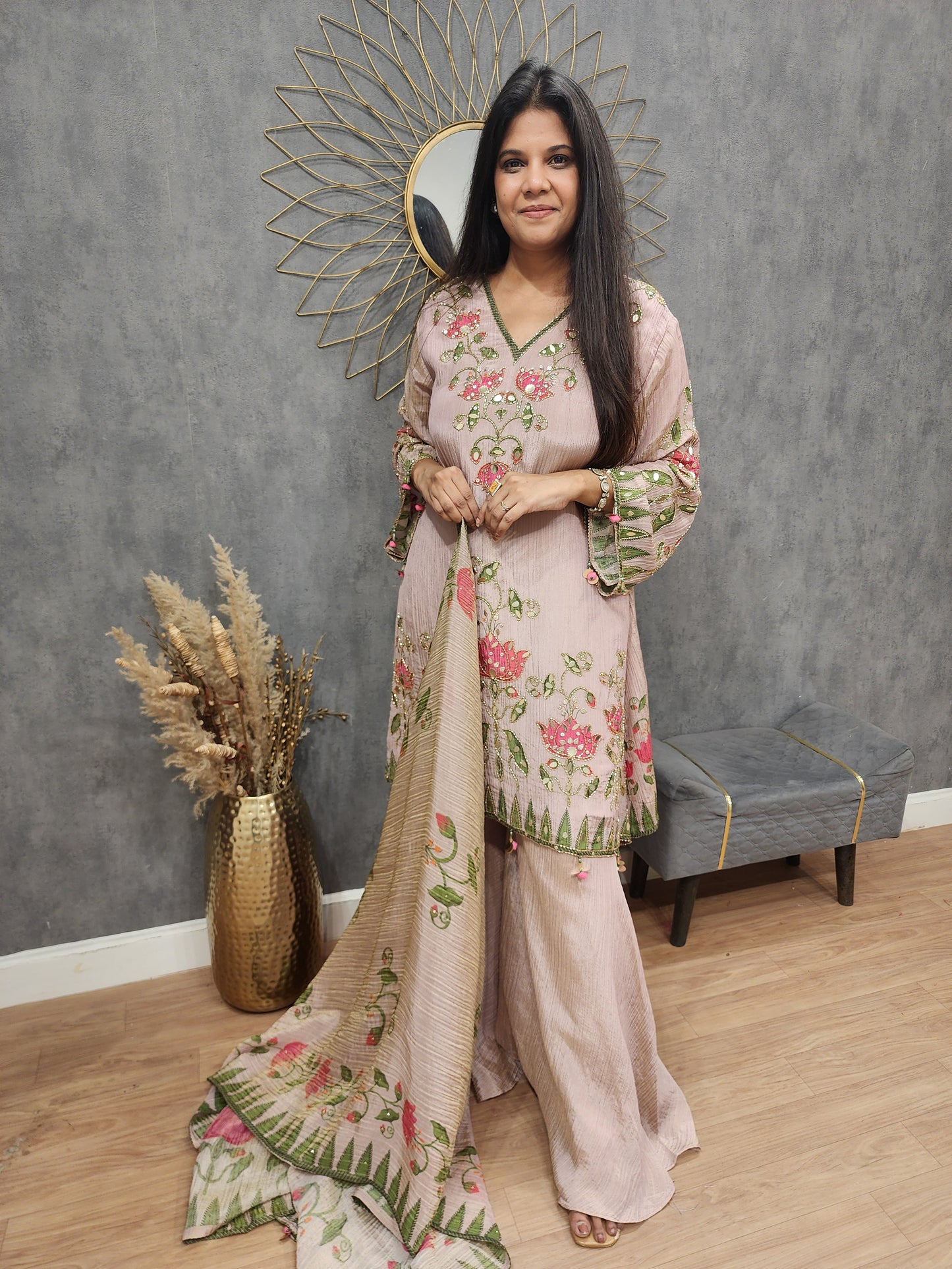 Royal floral nude pink sharar suit