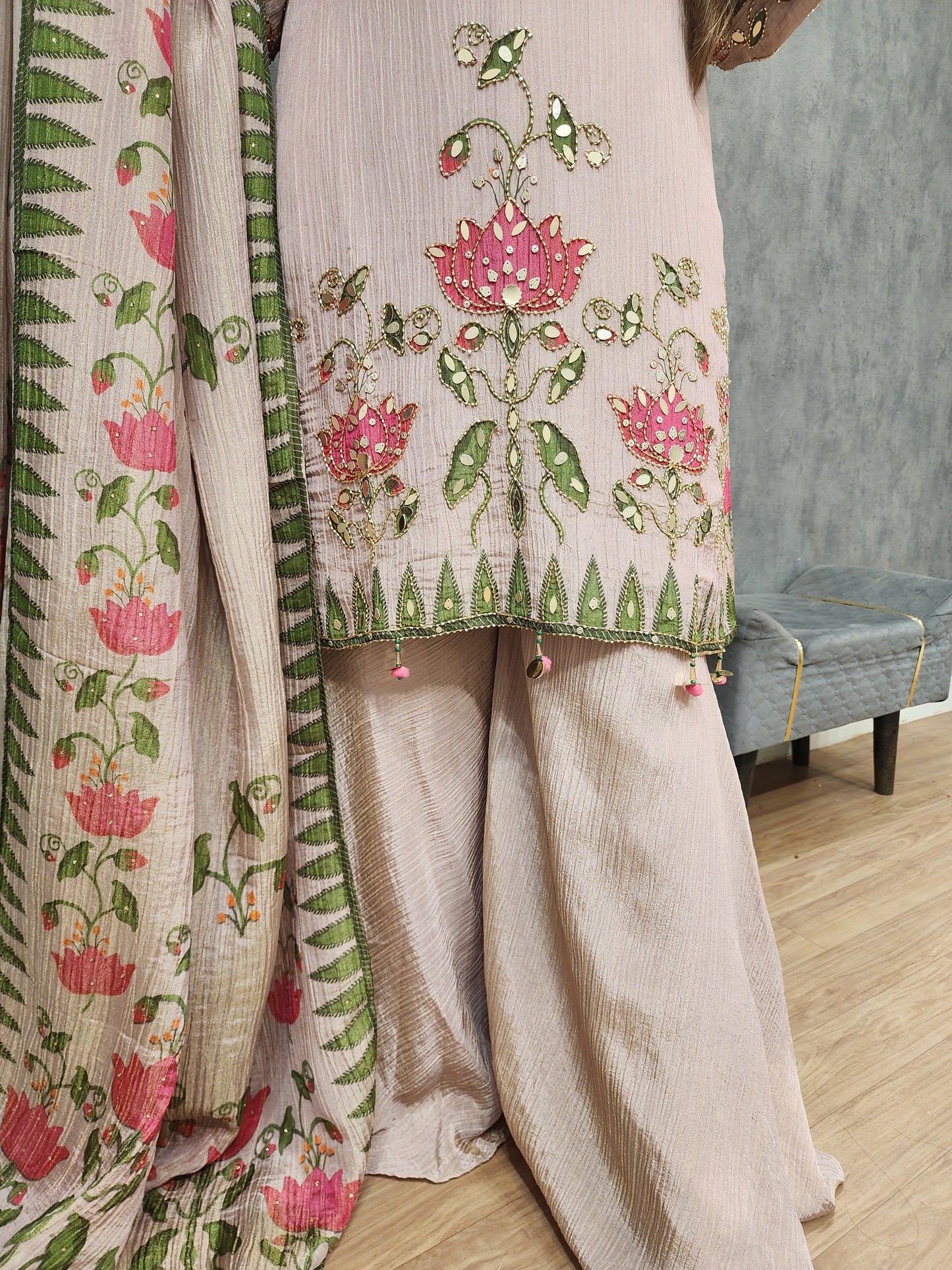 Royal floral nude pink sharar suit