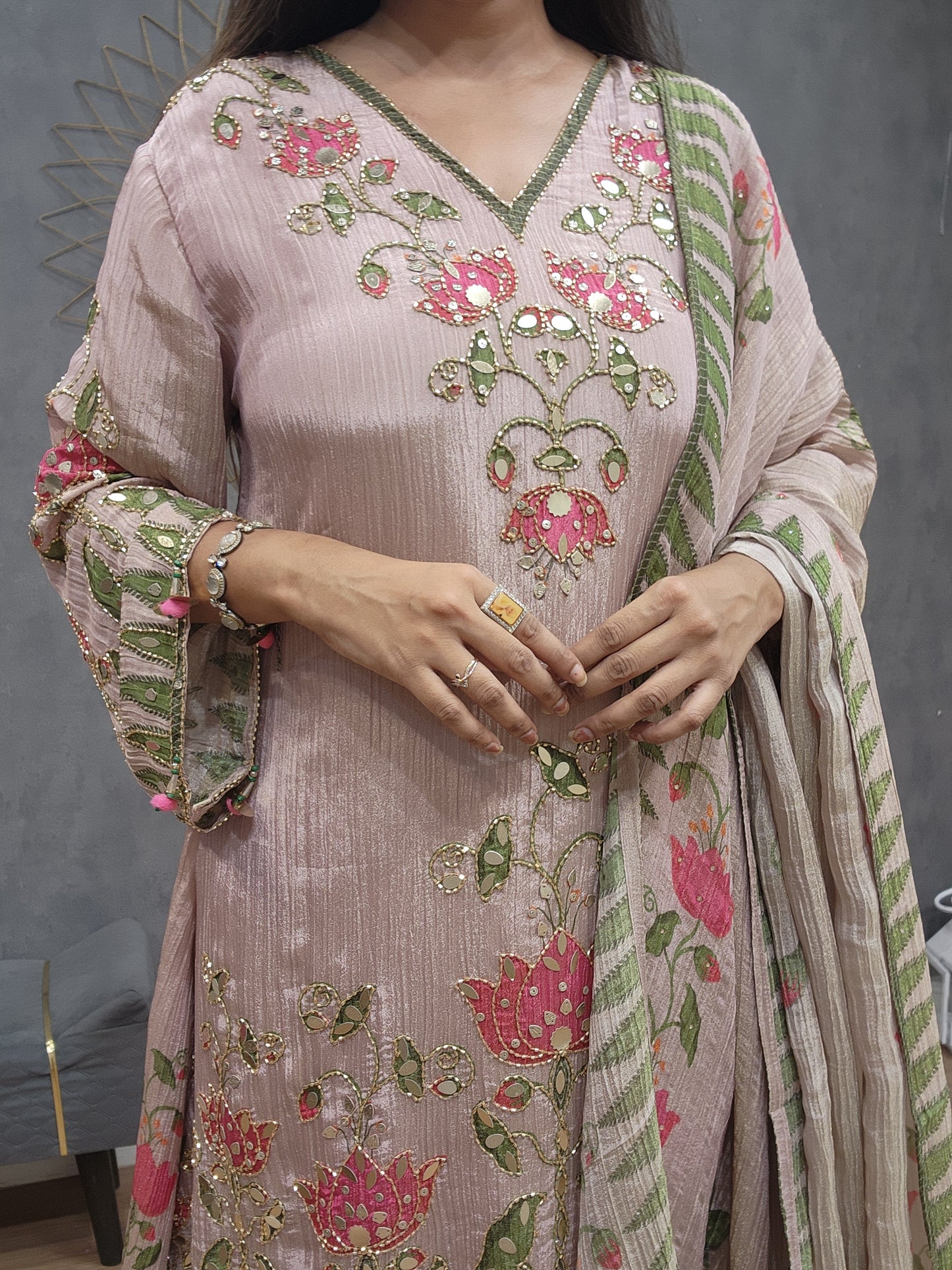 Royal floral nude pink sharar suit