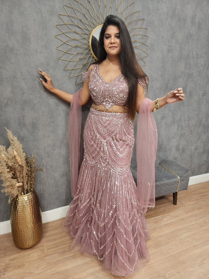 Nude pink fishcut lehenga set