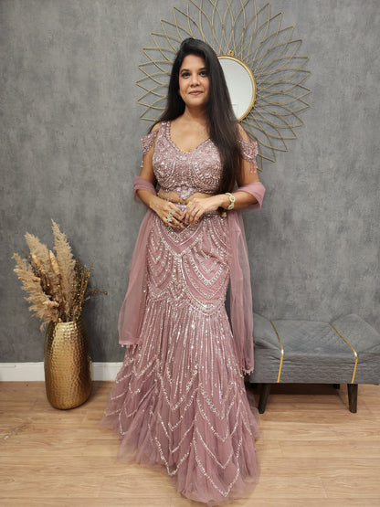 Nude pink fishcut lehenga set