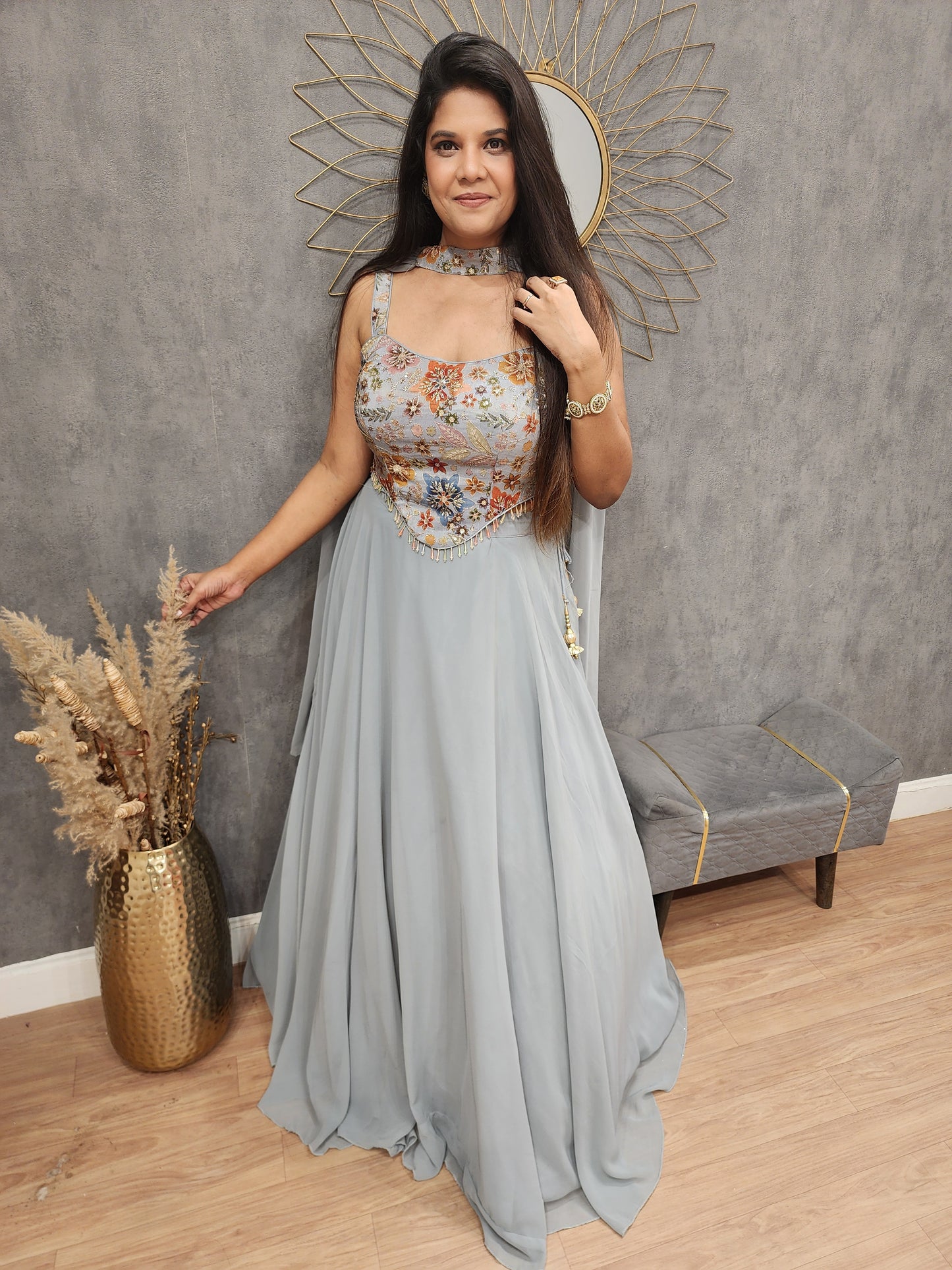 Tan blue Embroided lehenga set