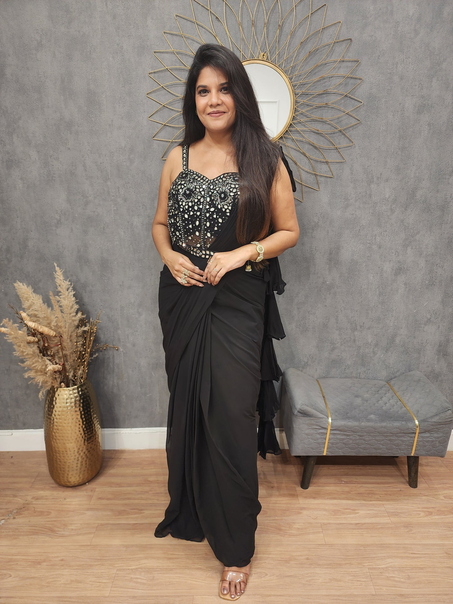 Black corset  ruffles saree