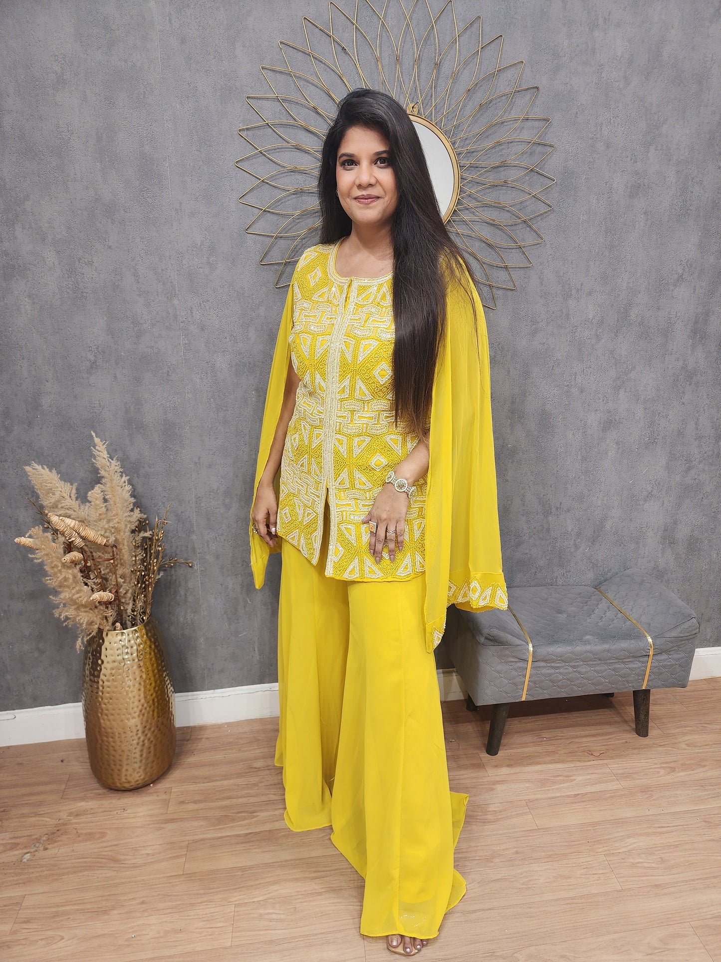 Yellow embellished long sleeves co-ord set