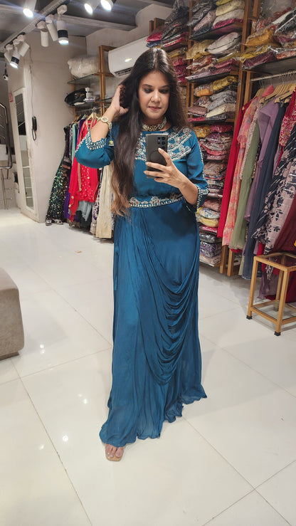 Blue neckline drape maxi gown