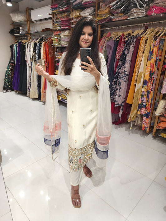 Off white Dola silk Embroided suit