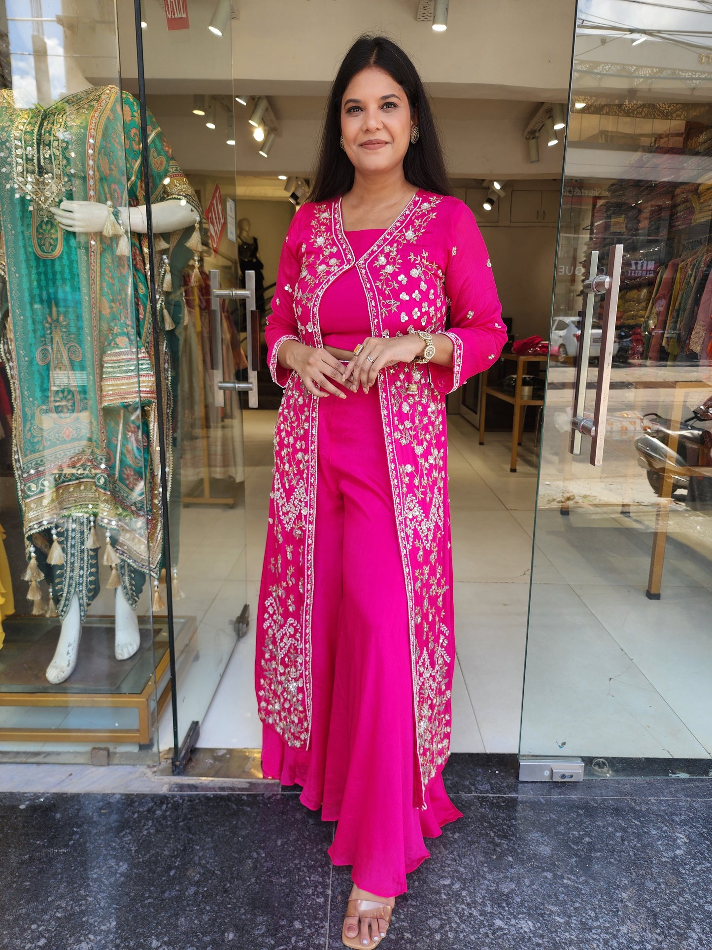 Pink 3piece indowestern plazo suit with long jacket