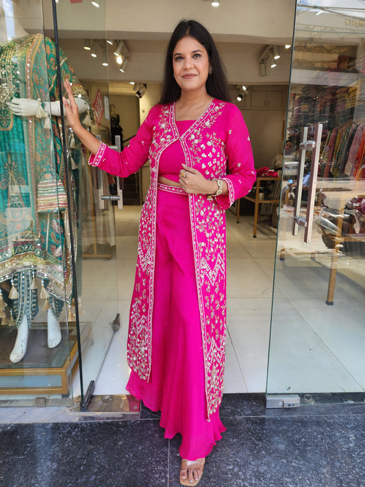 Pink 3piece indowestern plazo suit with long jacket