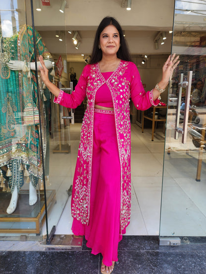 Pink 3piece indowestern plazo suit with long jacket