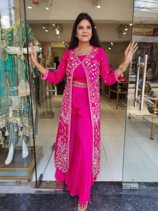 Pink 3piece indowestern plazo suit with long jacket