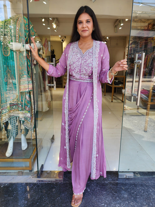 Onion pink Long jacket drape saree with belt
