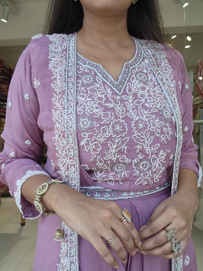 Onion pink Long jacket drape saree with belt