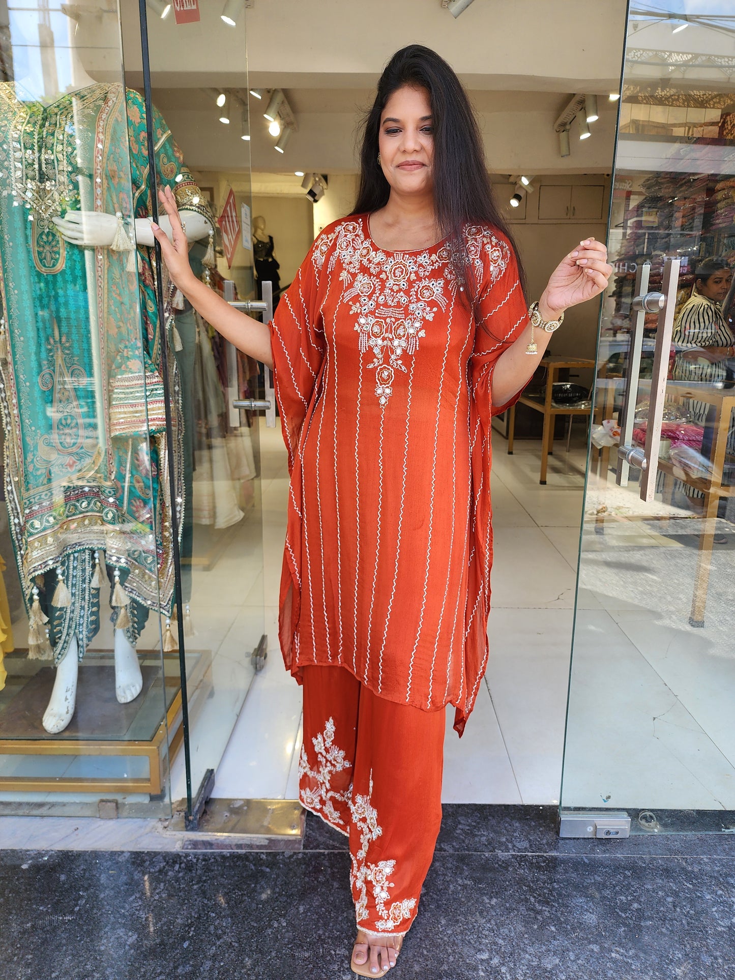 Rust Embroided kaftaan plazo suit