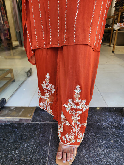 Rust Embroided kaftaan plazo suit
