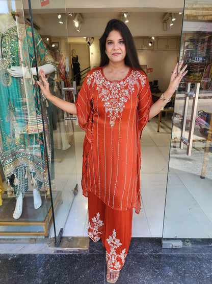 Rust Embroided kaftaan plazo suit