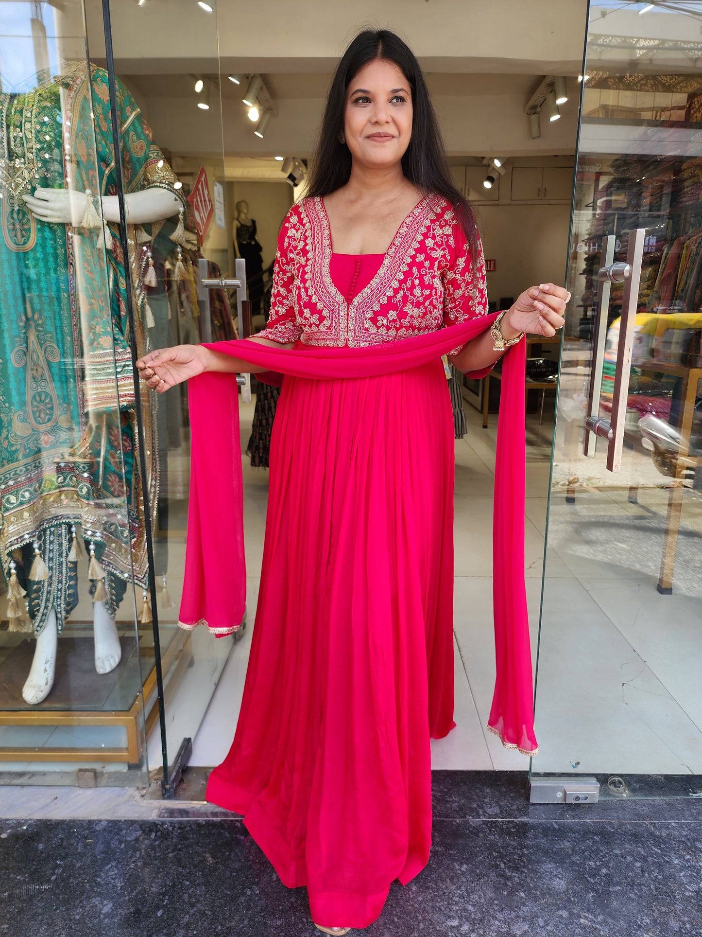 Geet Hotpink Embroided maxi gown