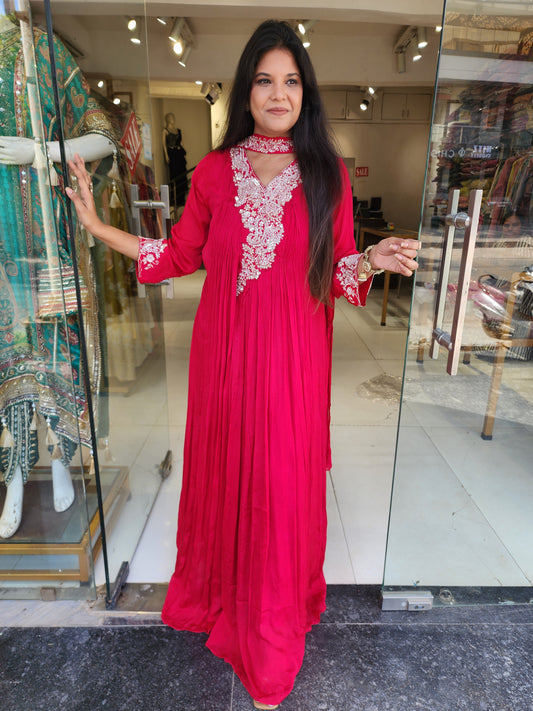 Hotpink printed chinon maxi gown