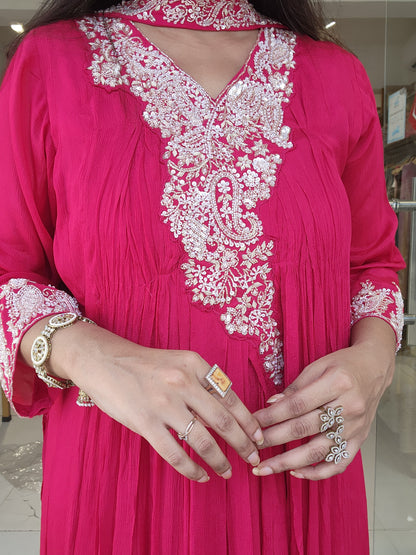 Hotpink printed chinon maxi gown