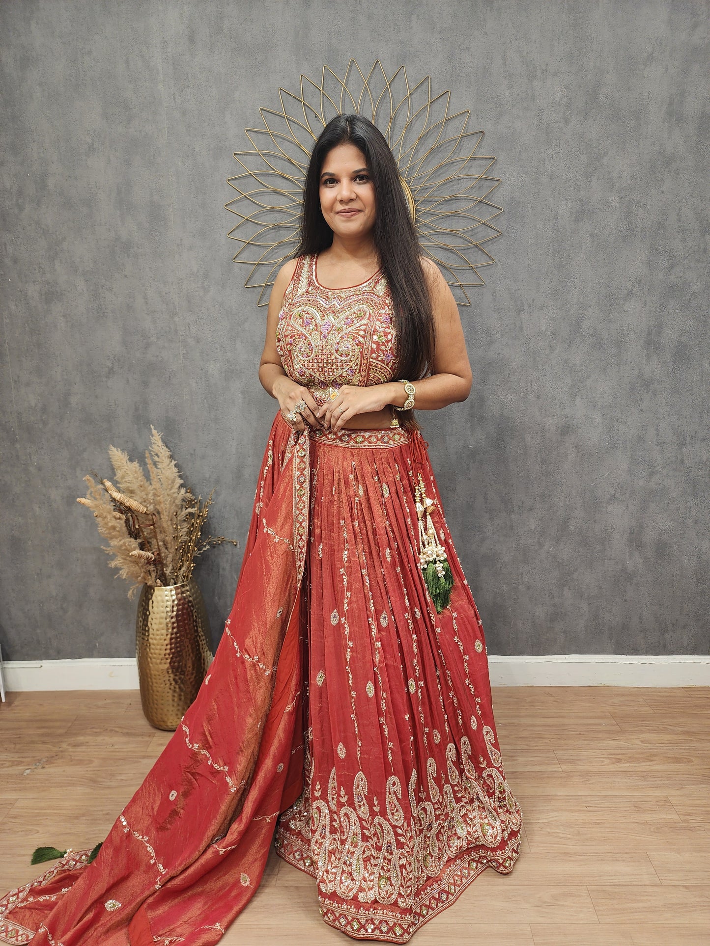 Burnt orange handwork lehenga set( seperate sleeves available)