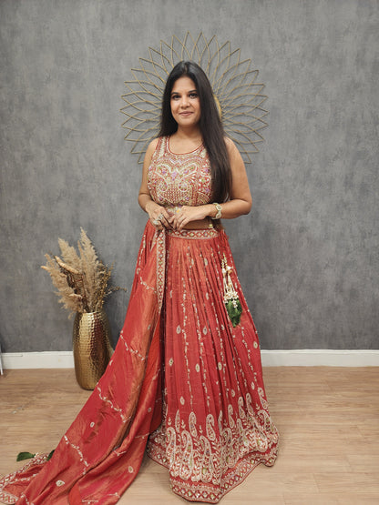 Burnt orange handwork lehenga set( seperate sleeves available)