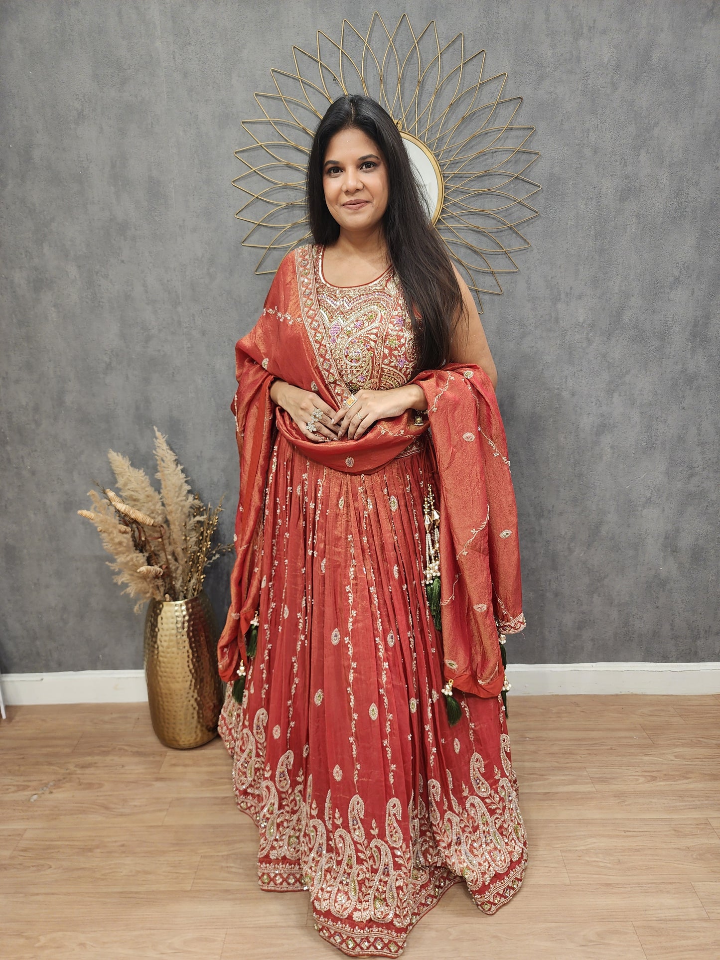 Burnt orange handwork lehenga set( seperate sleeves available)