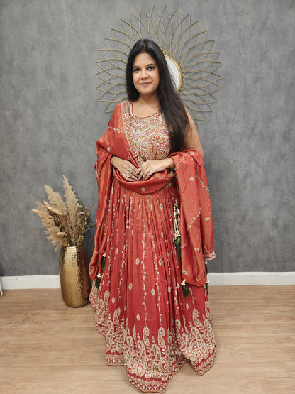 Burnt orange handwork lehenga set( seperate sleeves available)