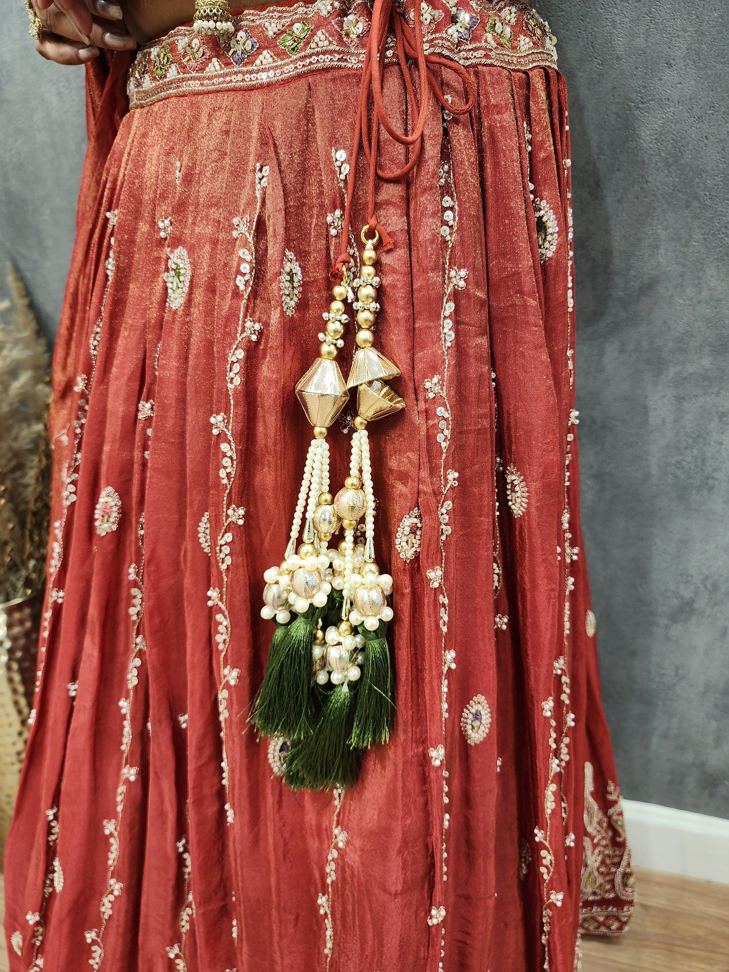 Burnt orange handwork lehenga set( seperate sleeves available)