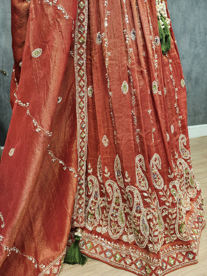 Burnt orange handwork lehenga set( seperate sleeves available)