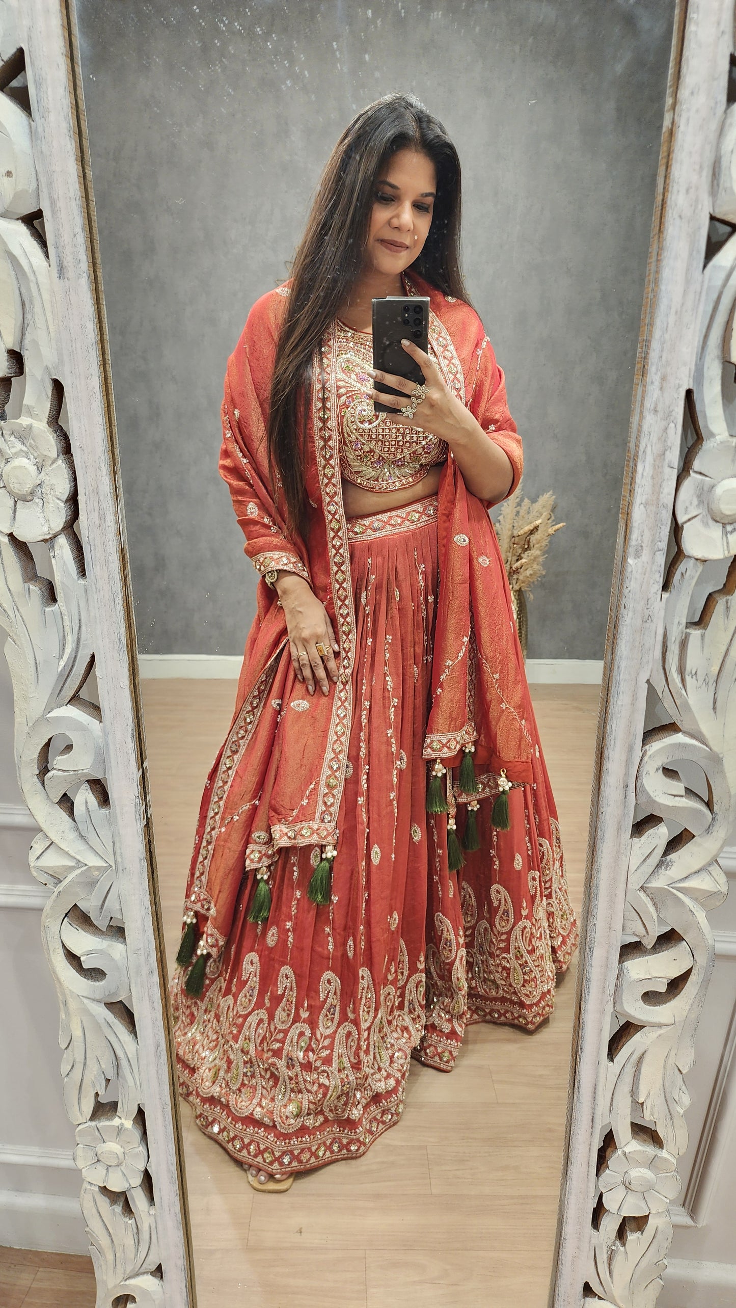 Burnt orange handwork lehenga set( seperate sleeves available)