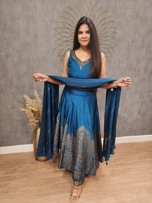 Rutba blue weaving anarkali suit