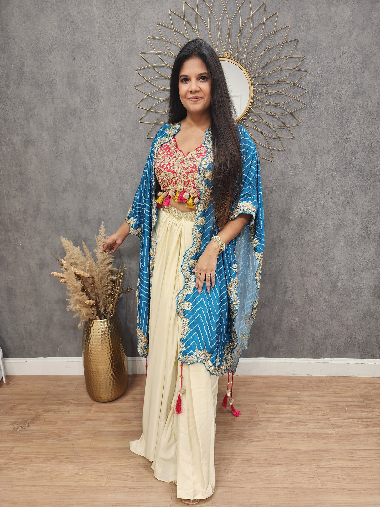 3D blue cape indowestern cowl dress