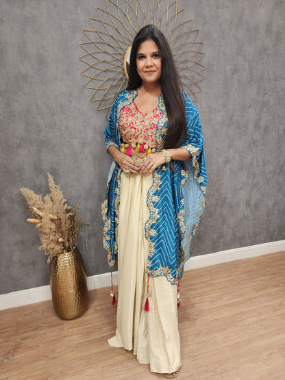 3D blue cape indowestern cowl dress