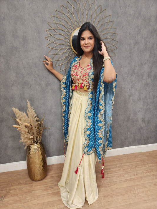 3D blue cape indowestern cowl dress