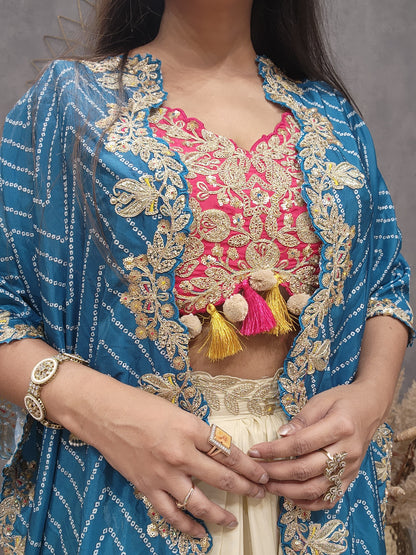 3D blue cape indowestern cowl dress