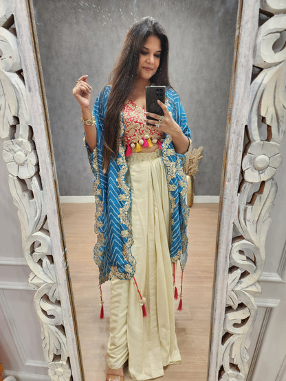 3D blue cape indowestern cowl dress