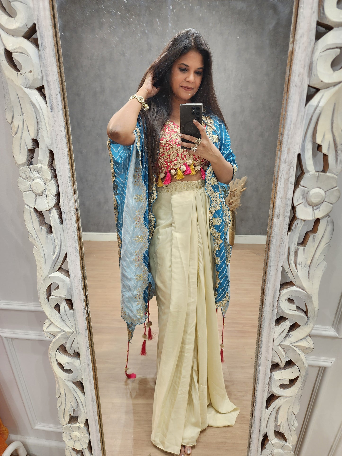 3D blue cape indowestern cowl dress
