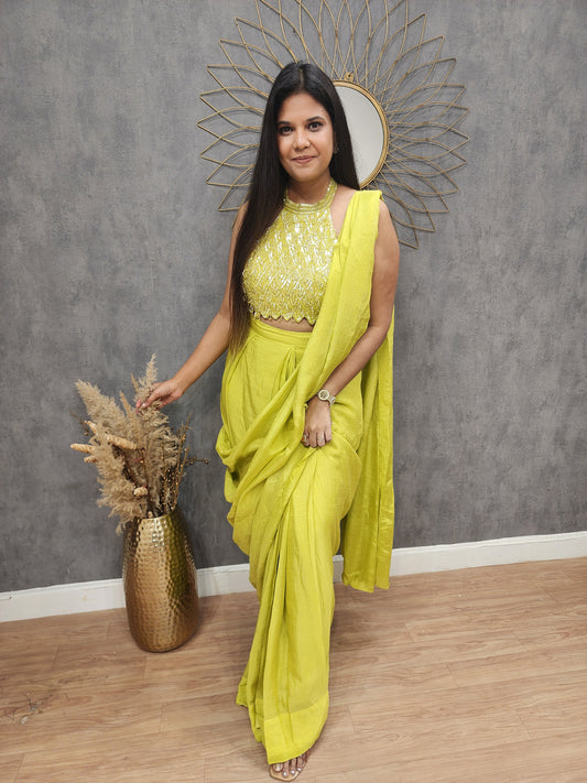 Lime halter neck drape saree (no sleeves)