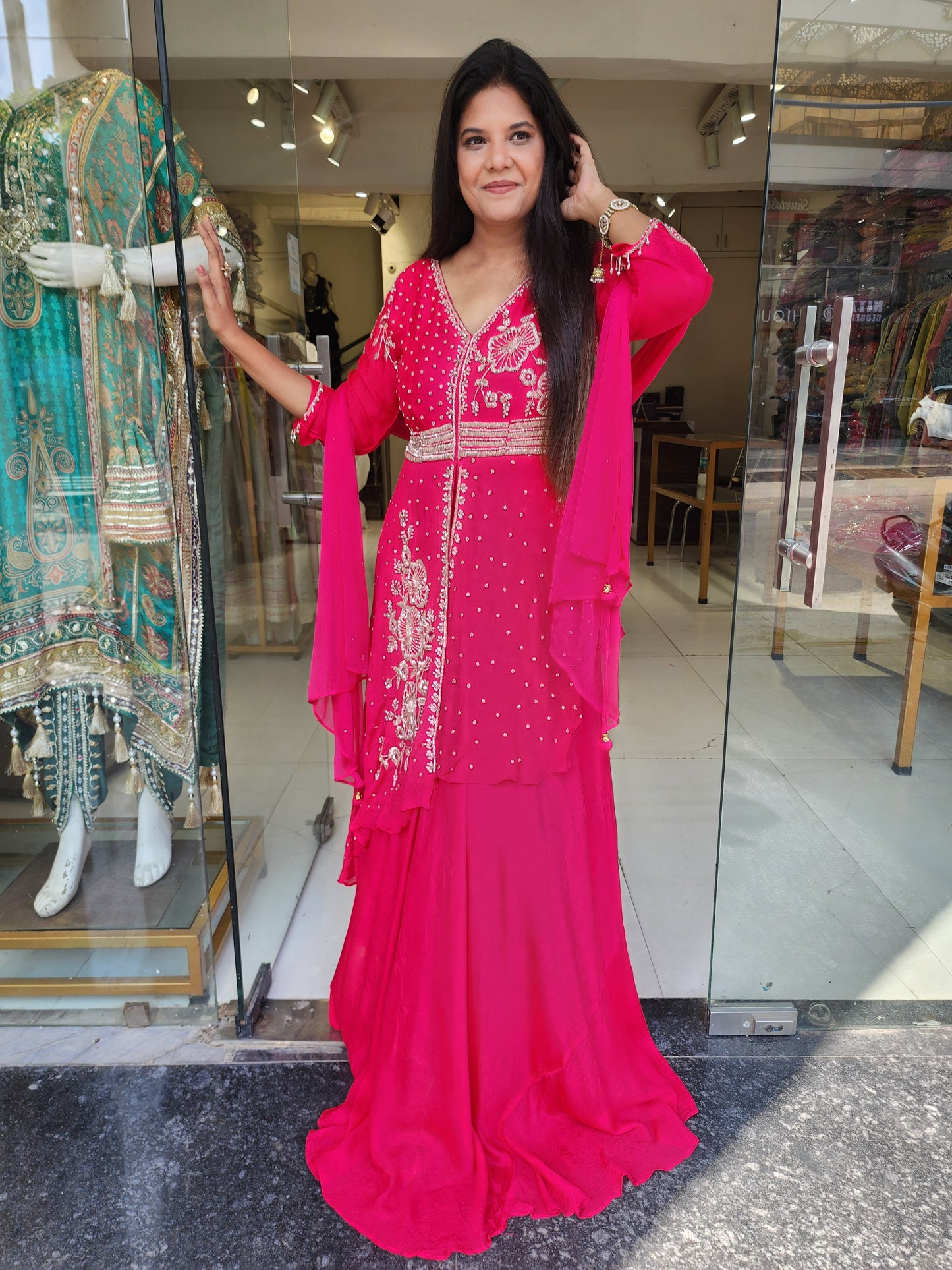 Noor Pink centre slit indowestern maxi gown
