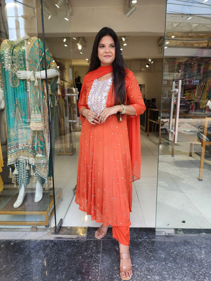 Orange anarkali suit with pant and dupatta