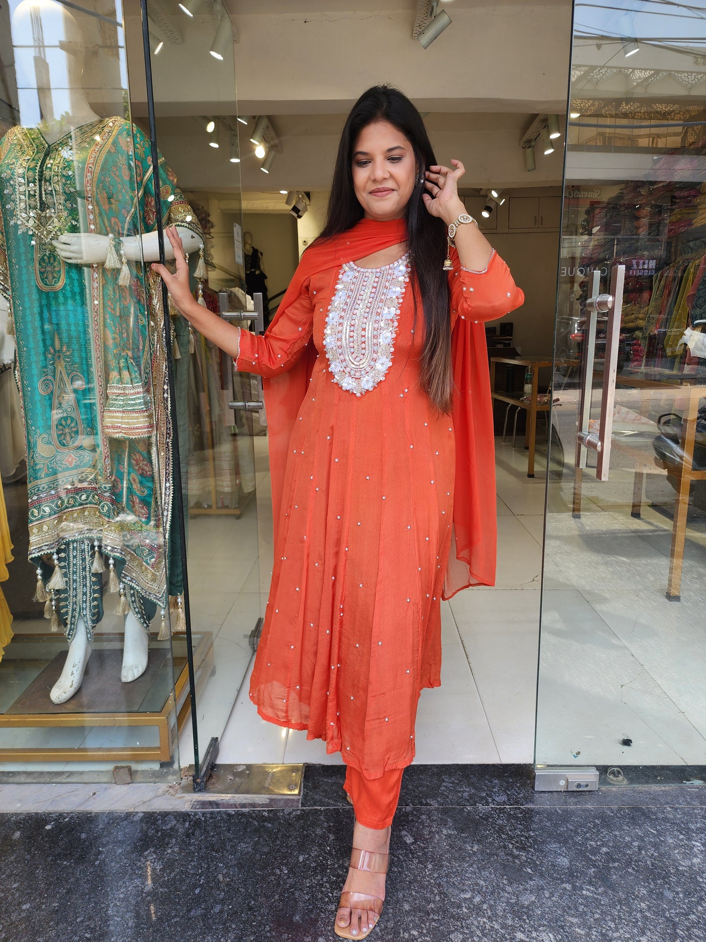 Orange anarkali suit with pant and dupatta