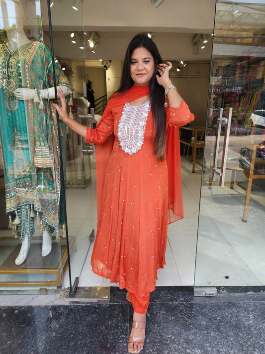 Orange anarkali suit with pant and dupatta