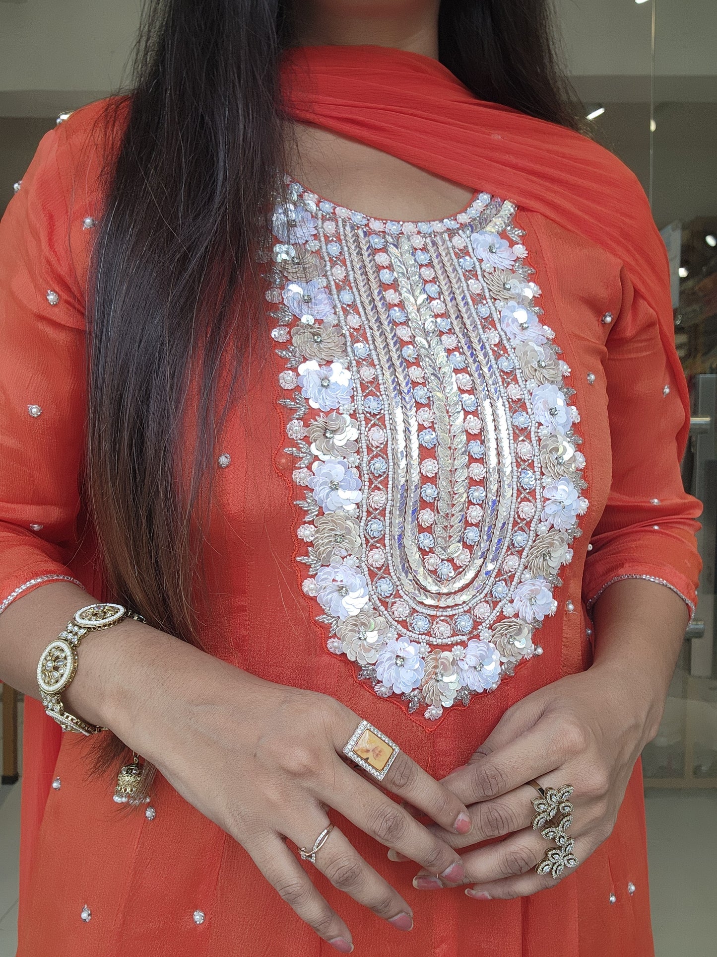 Orange anarkali suit with pant and dupatta