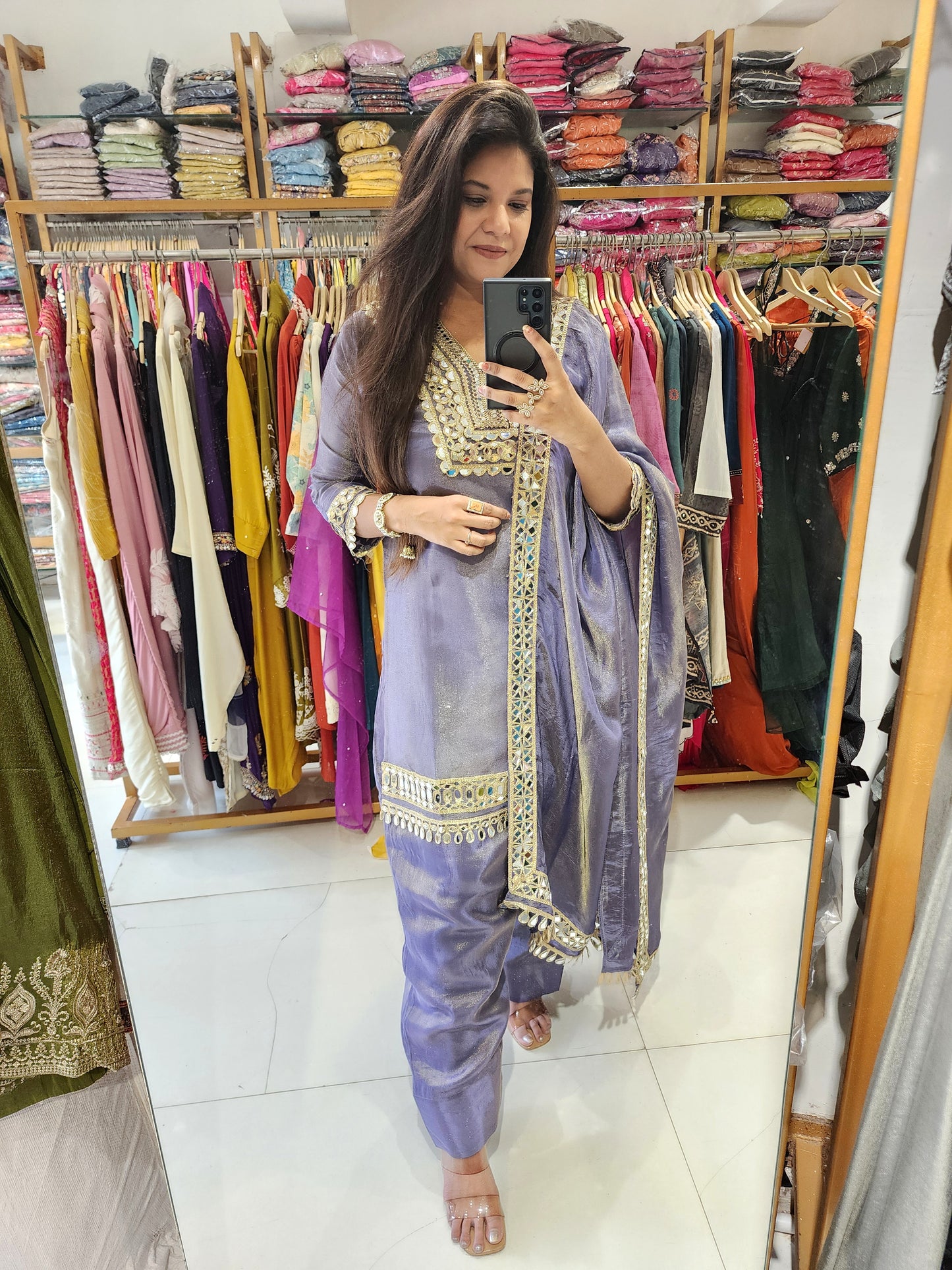 Lavender real mirror farshi salwar suit