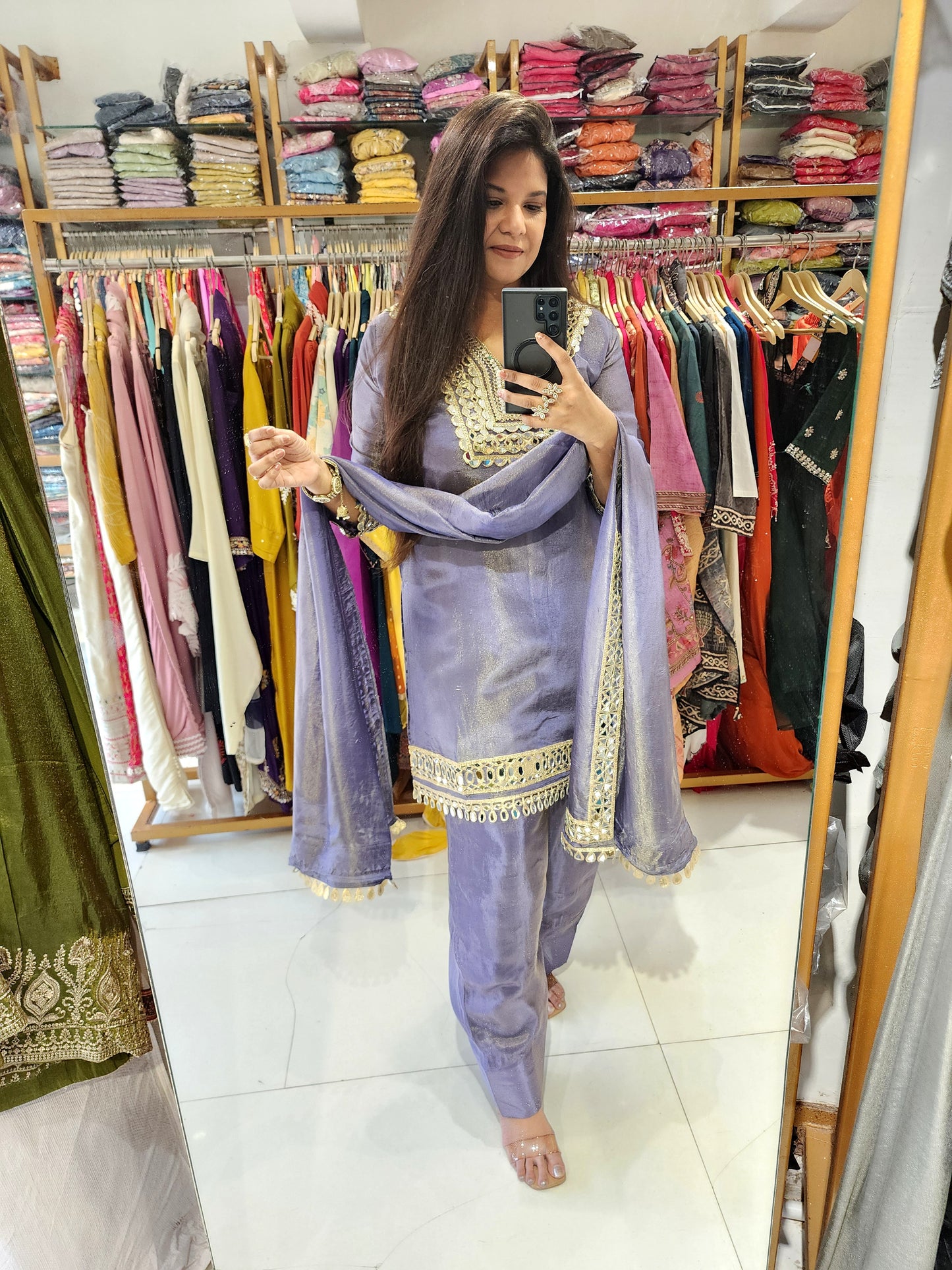 Lavender real mirror farshi salwar suit