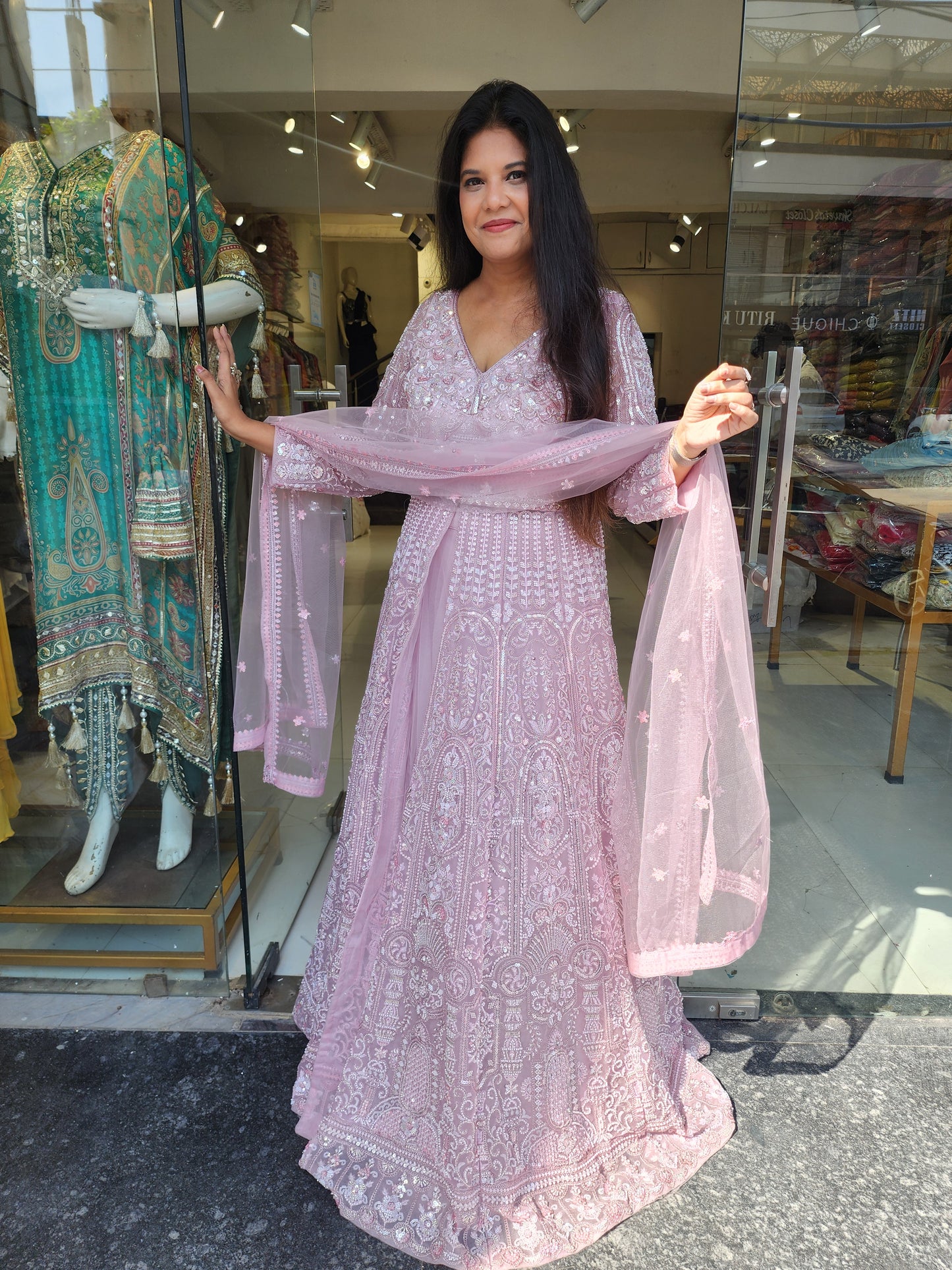 Baby pink centre slit handwork indowestern dress