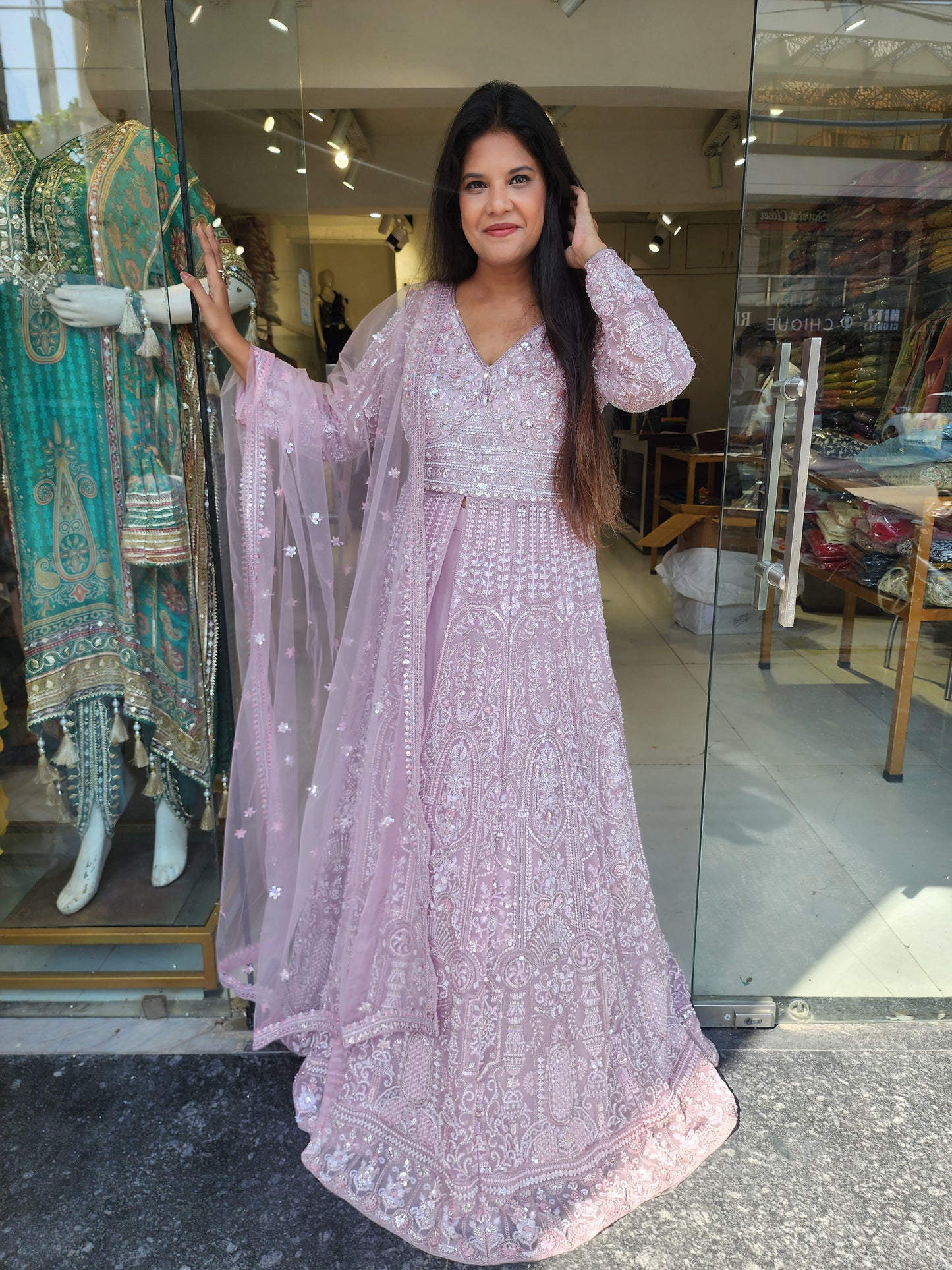 Baby pink centre slit handwork indowestern dress