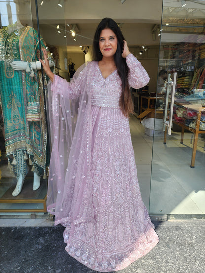 Baby pink centre slit handwork indowestern dress