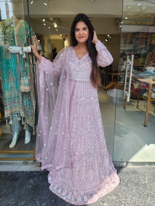 Baby pink centre slit handwork indowestern dress